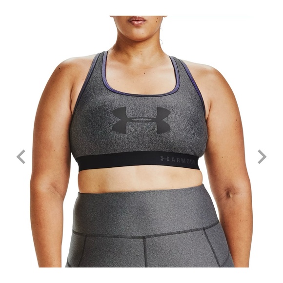 Under Armour Women’s Plus Size 1X Black Gray Logo Mid Crossback Sports Bra New - Picture 1 of 12